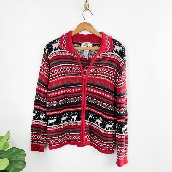 Vintage 2002 Tiara Christmas Holiday Print Zip Up Knit Jacket Sz M - Picture 1 of 5